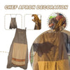A brown chef apron with a hidden pocket and yellow accents shown in various views.