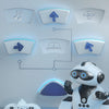 A white robot toy is shown in a studio setting with various gesture icons and programming concepts displayed on the wall.