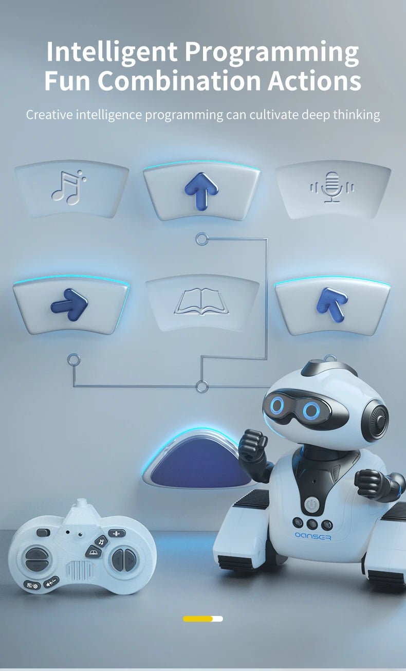 A white robot toy is shown in a studio setting with various gesture icons and programming concepts displayed on the wall.