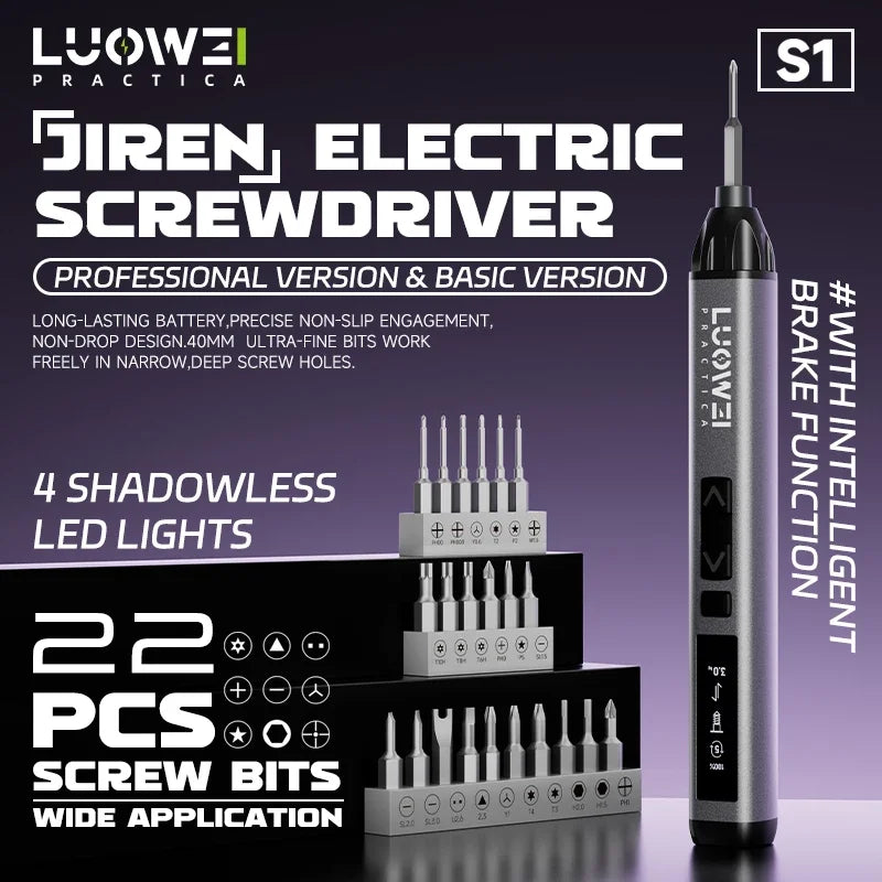 A professional version of a Jiren electric screwdriver with LED lights and 22 pieces of screw bits shown in a dark background