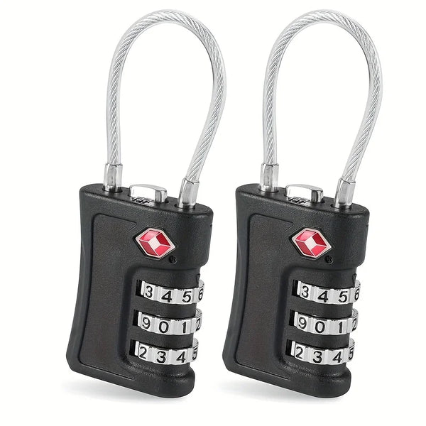 A pair of black TSA-approved 3-digit combination travel locks with silver handles and numbered dials.