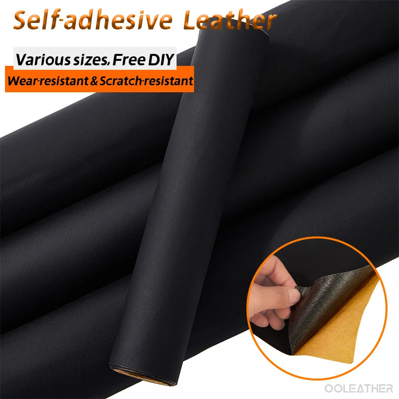 Roll of black self-adhesive leather material showing a close-up of the yellow backing