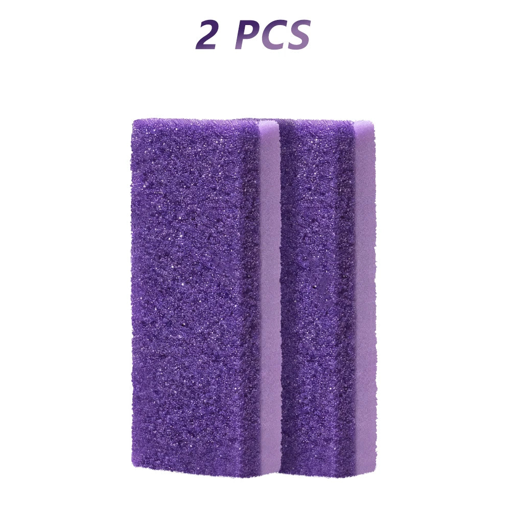 Two purple foot pumice stones with ergonomic grips.