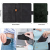 A black RFID blocking passport holder with card slots shown in various angles and contexts.