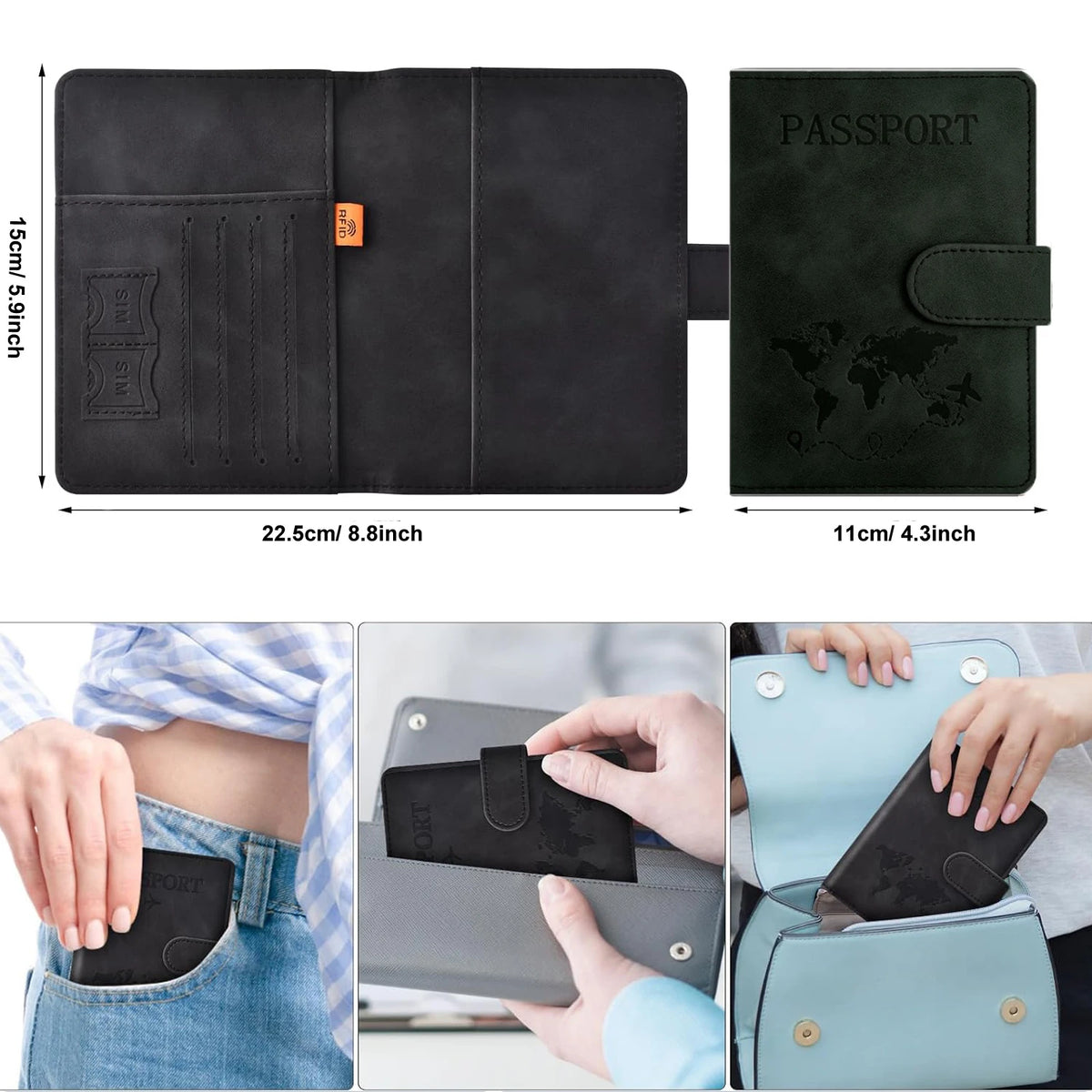 A black RFID blocking passport holder with card slots shown in various angles and contexts.