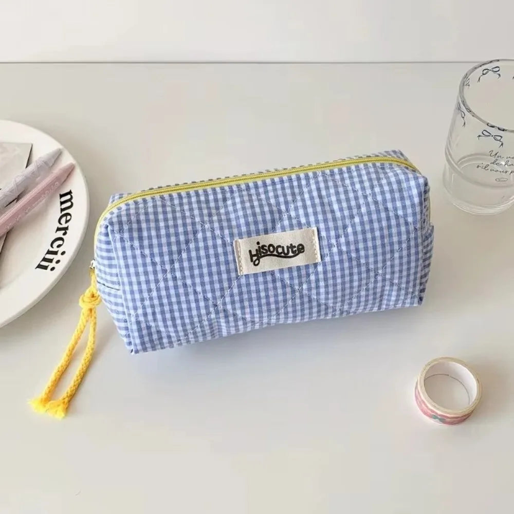 Checkered Pencil Case – Large Capacity Storage Bag for School & Office