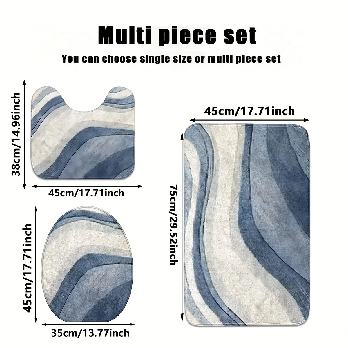 Multi piece set of plush non-slip bathroom rugs including a U-shaped toilet mat and cover