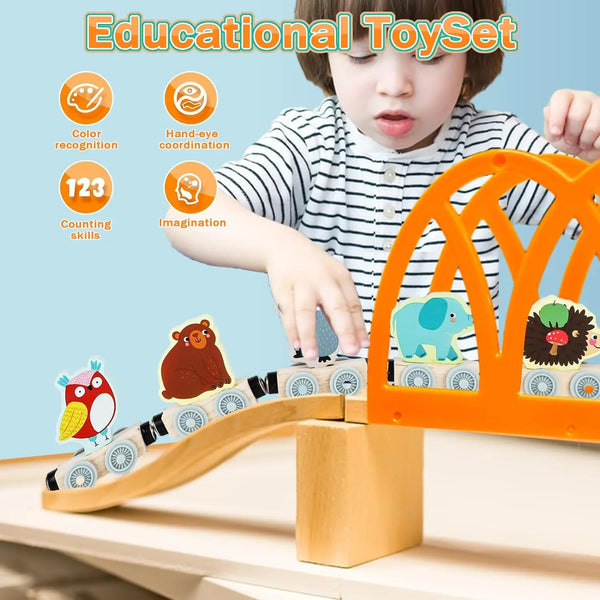 Montessori Magnetic Wooden Train Set with Animal & Vehicle Carriages