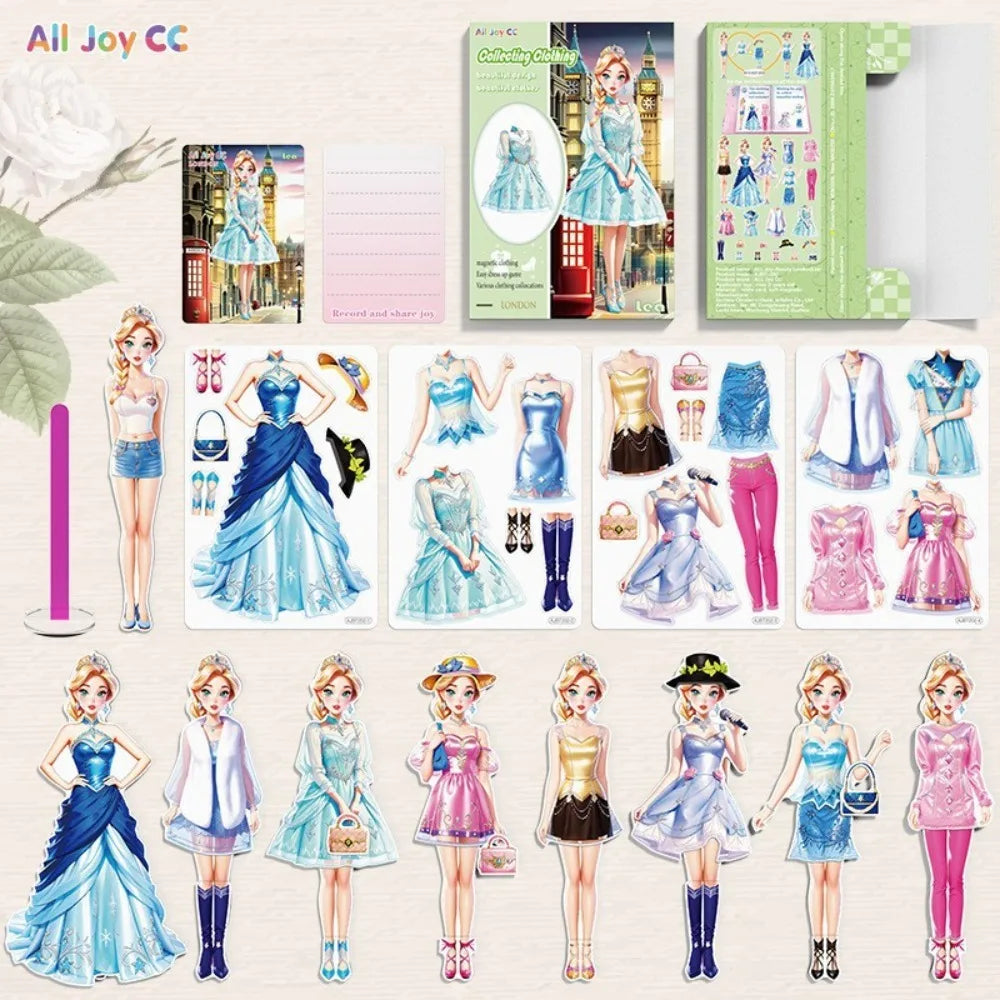 A collection of magnetic dress-up playsets featuring various princess and fairy costumes for children.