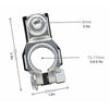 A close-up view of a silver quick-release battery terminal clamp with various dimensions marked.
