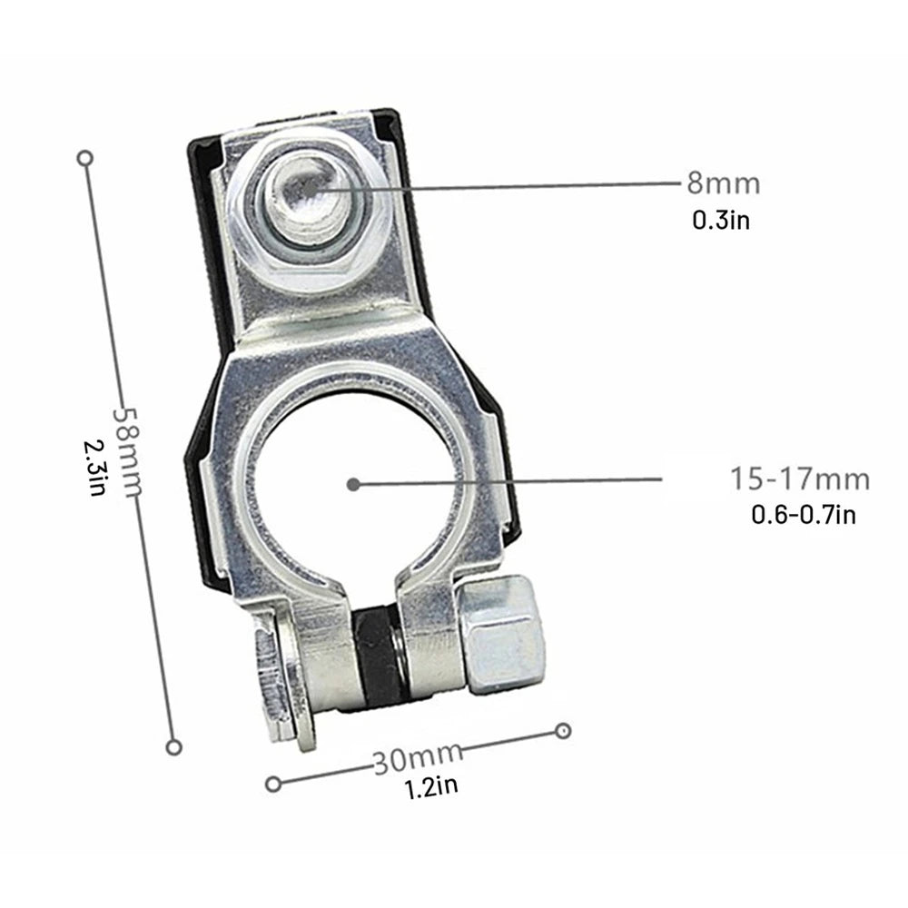 A close-up view of a silver quick-release battery terminal clamp with various dimensions marked.