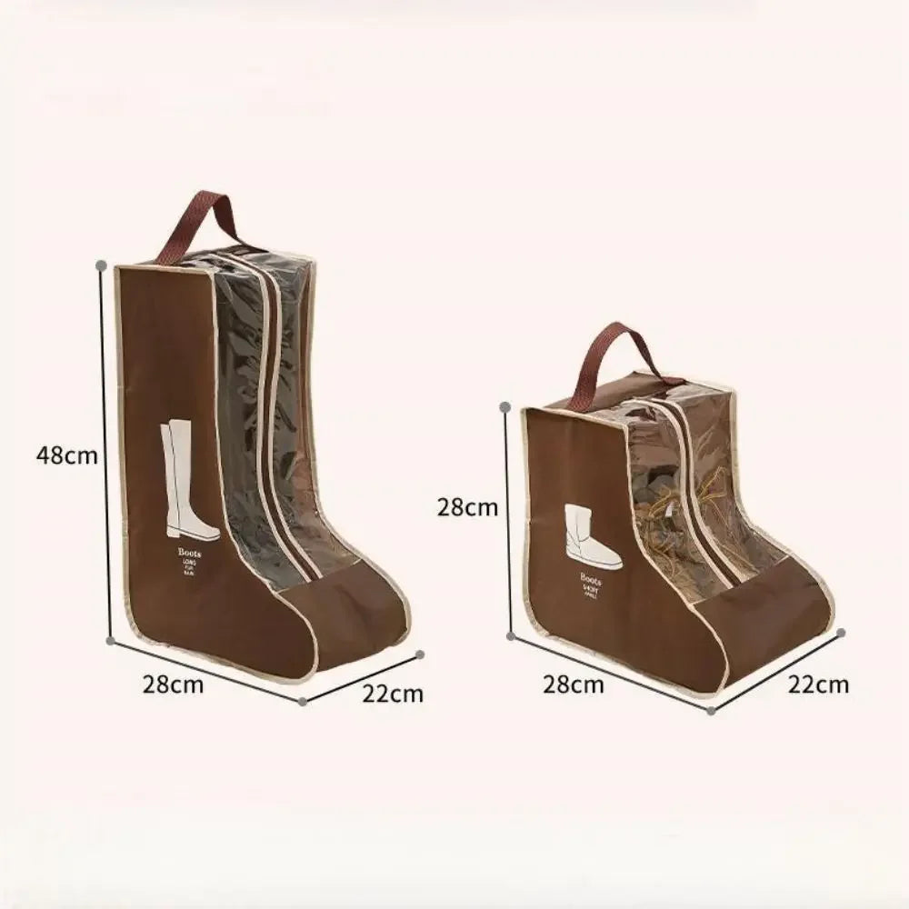 A set of tall boot storage bags in brown and gray fabric with straps, showing various dimensions.