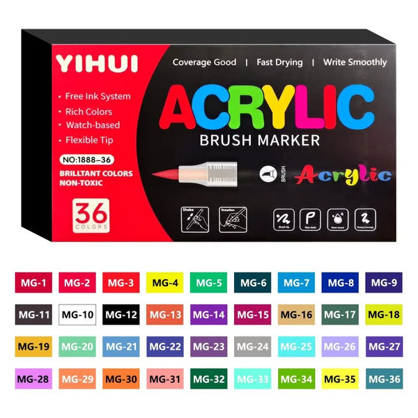 Una caja de marcadores de pincel acrílicos YIHUI con 36 colores y diversas puntas de pincel.