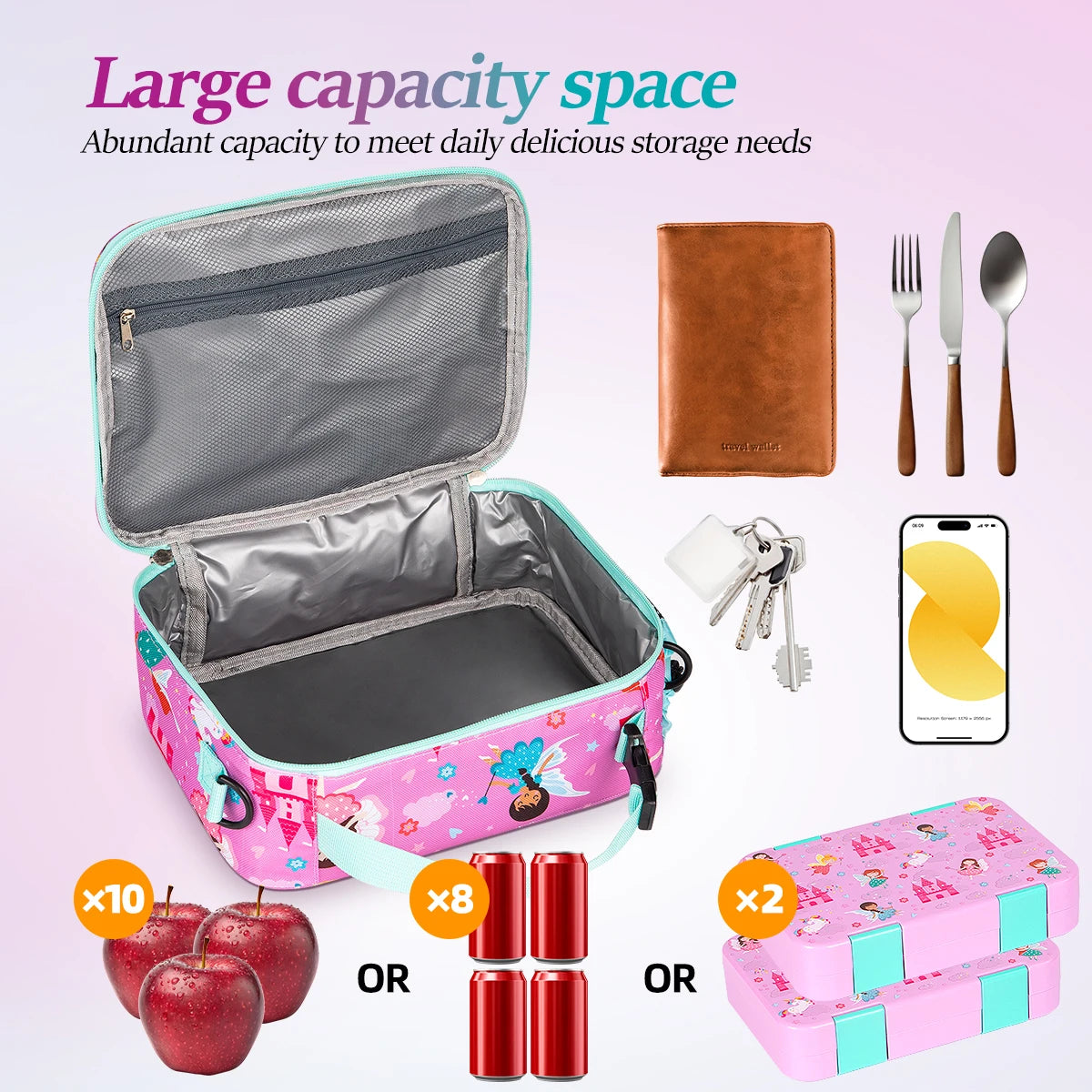 Pink insulated lunch bag with a zipper and adjustable strap, shown next to cutlery and a smartphone.