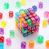 A pile of multicolor acrylic D6 dice in various colors like green, red, blue, and yellow scattered on a white surface.