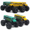 A set of yellow and green die-cast metal school bus pull-back toys.
