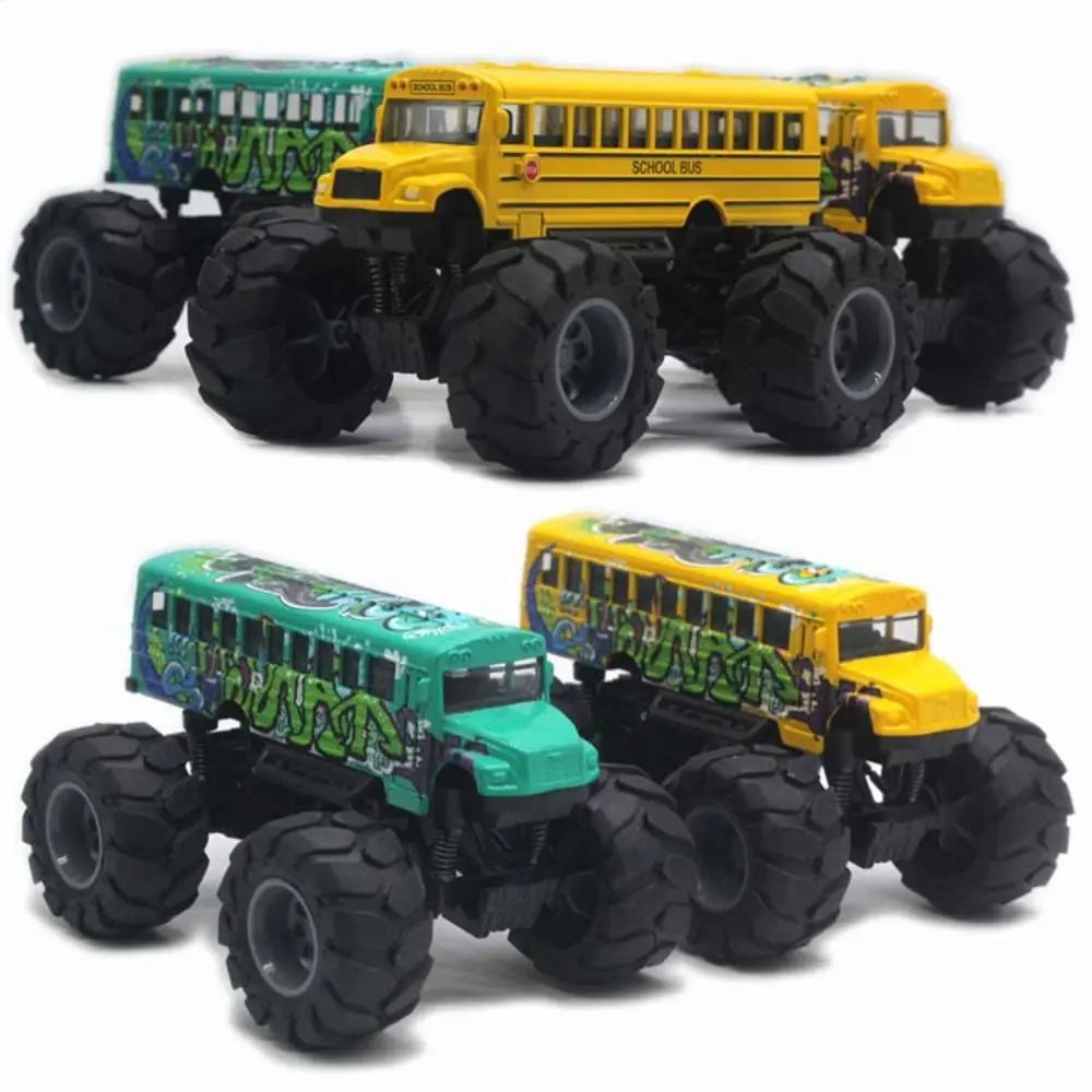 A set of yellow and green die-cast metal school bus pull-back toys.
