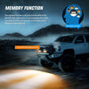 A white pickup truck is shown with an LED light bar illuminating the ground, demonstrating a memory function feature.