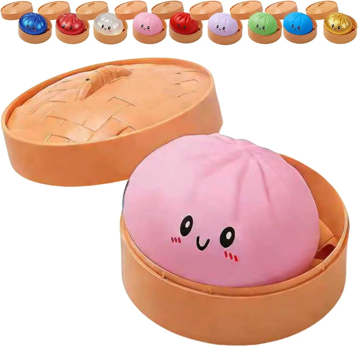 A set of colorful glitter dumpling squishy toys in various colors and a large pink squishy toy inside its box.