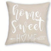 A beige decorative pillow featuring white script that reads Home Sweet Home