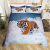 A duvet cover set featuring realistic tiger images in a snowy landscape.