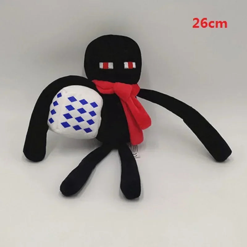 A black soft plush doll resembling a Minecraft character with red accents and a white patch.