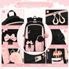 A set of pink and black kawaii girls' school backpacks showing various details like lift hand, zipper, bowknot, ornament, and