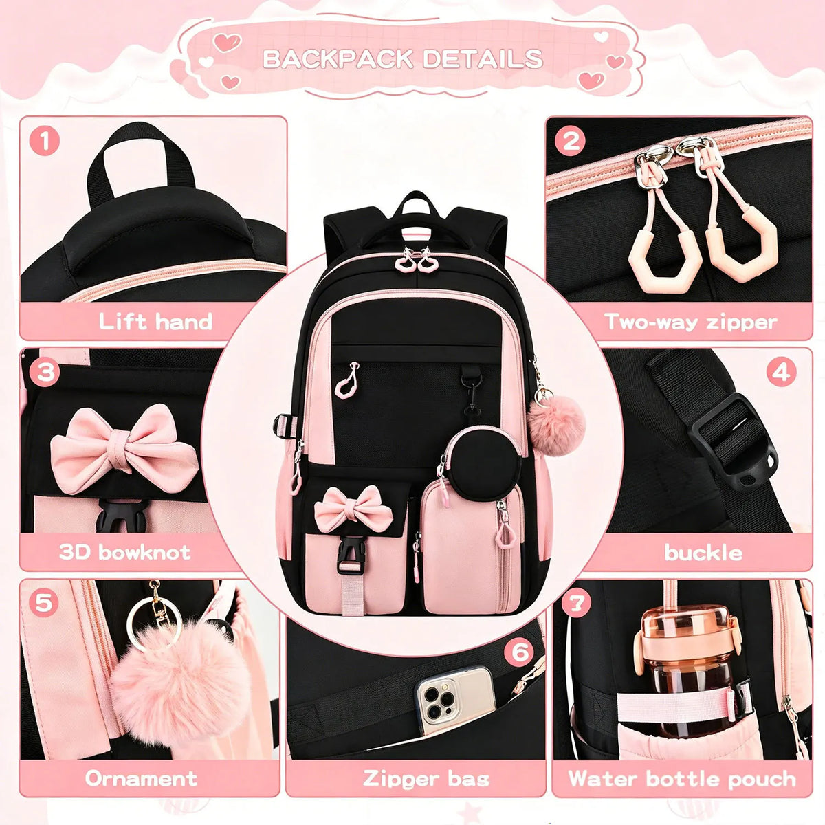 A set of pink and black kawaii girls' school backpacks showing various details like lift hand, zipper, bowknot, ornament, and