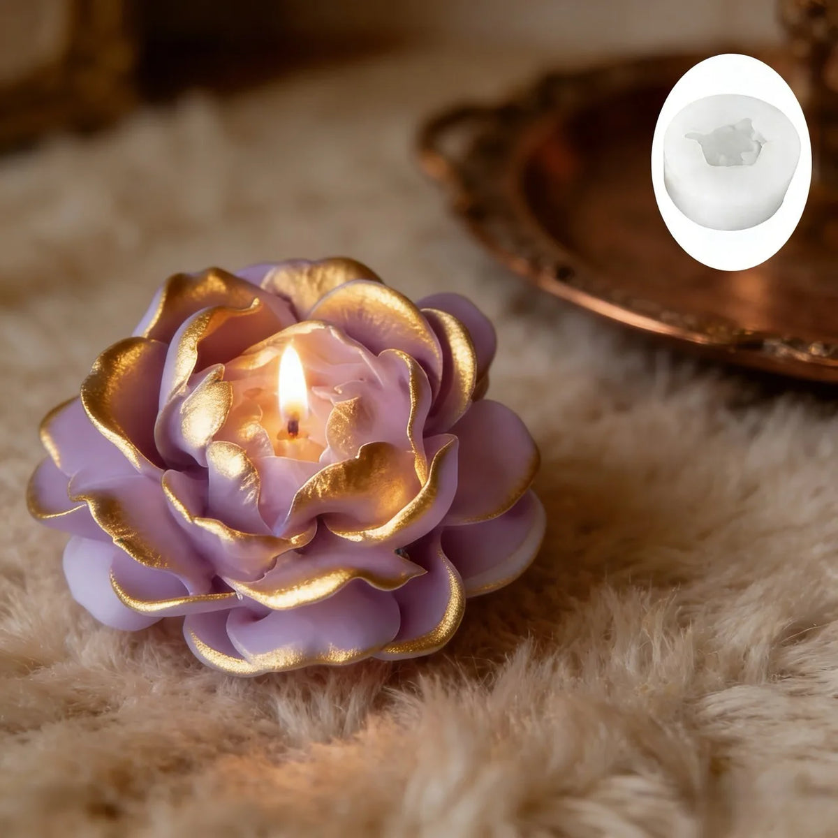A purple rose-shaped silicone mold for crafts rests on a fluffy beige surface.