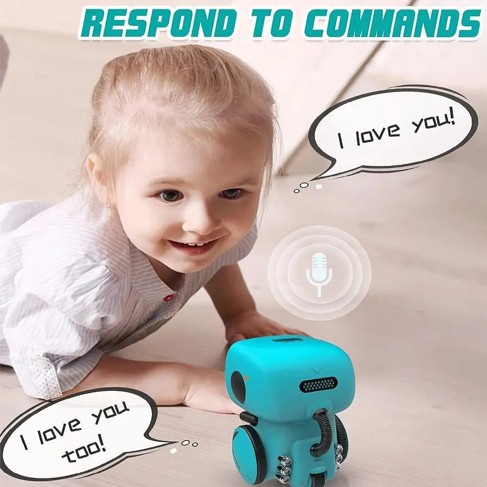 A smiling toddler interacts with a blue voice-controlled robot toy, demonstrating a command response.