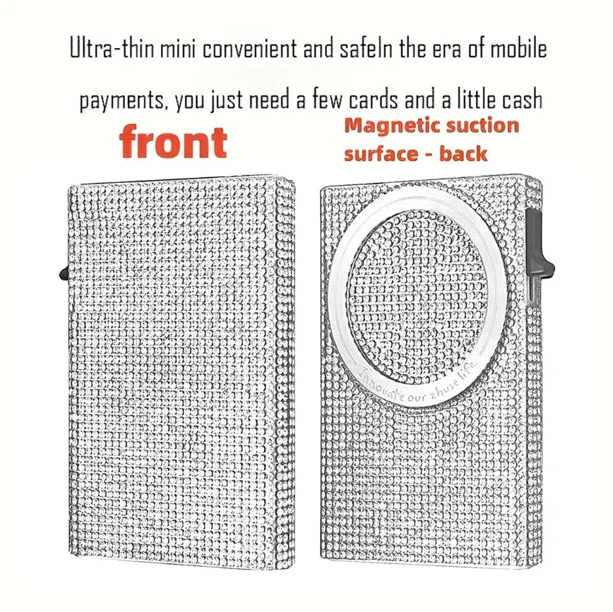Front and back views of a slim aluminum RFID-blocking pop-up card wallet in silver color