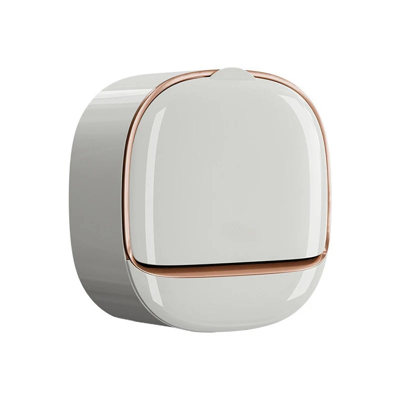 A round, white wall-mounted ABS soap dish with a lid and a copper accent ring.
