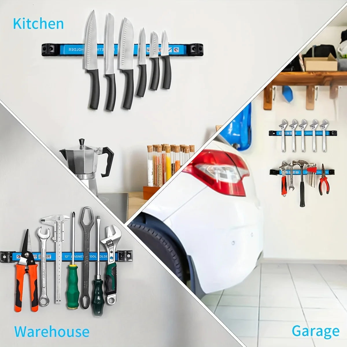A display of heavy duty magnetic tools and knives hanging on a wall in a kitchen or garage setting.