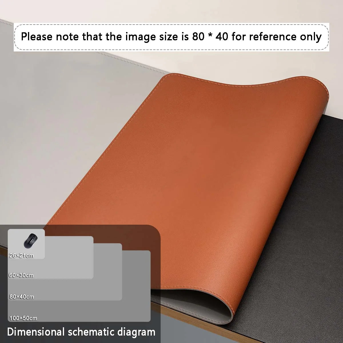 A close-up view of a brown premium PU leather desk mat showing various size options for reference.