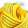 A coil of bright yellow heavy-duty vehicle recovery towing strap with black markings.