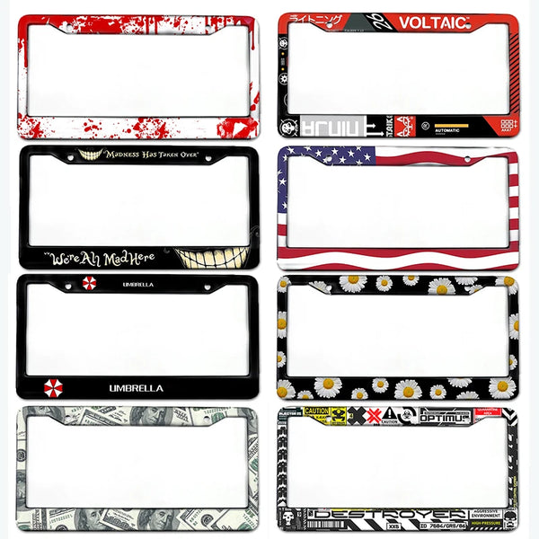 A collection of various license plate frames and car tag holders featuring different designs and colors.