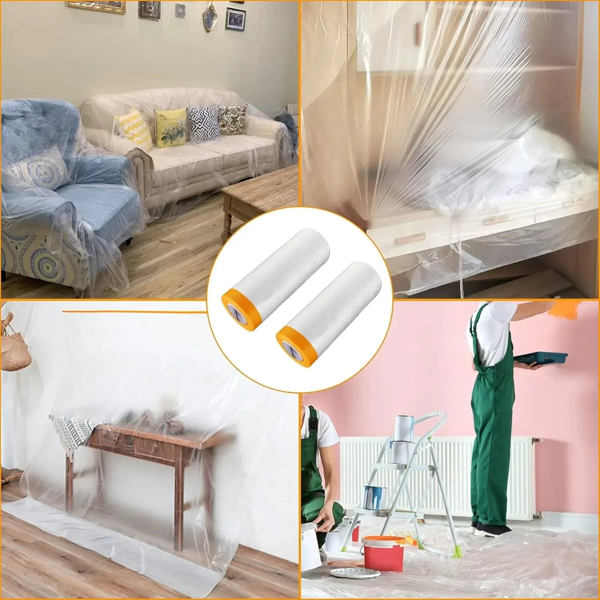 Static-cling clear plastic sheeting used for painting and protection, shown in various applications.