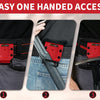 Three images showing a heavy-duty belt hammer holder with secure grip installed on dark fabric and denim jeans.