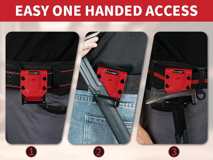 Three images showing a heavy-duty belt hammer holder with secure grip installed on dark fabric and denim jeans.