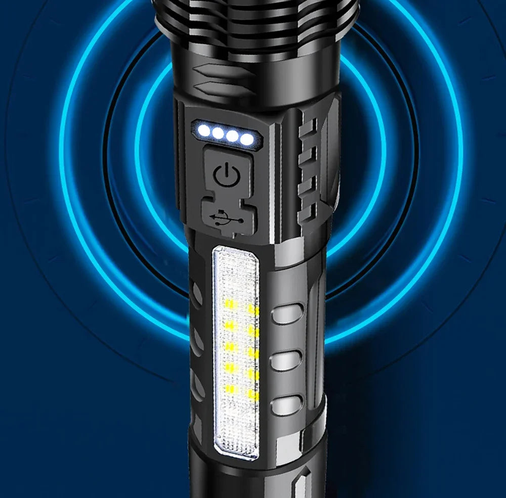 A close-up view of a black solar powered motion sensor flood light with an illuminated panel and blue light ring effect.