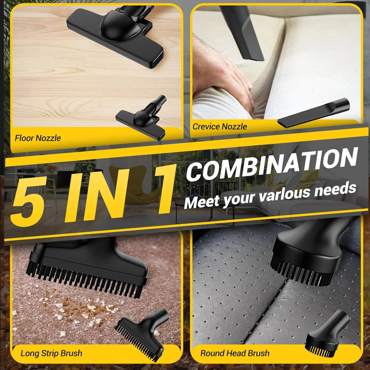 A set of 5 in 1 cleaning nozzles and brushes for a cordless vacuum cleaner.