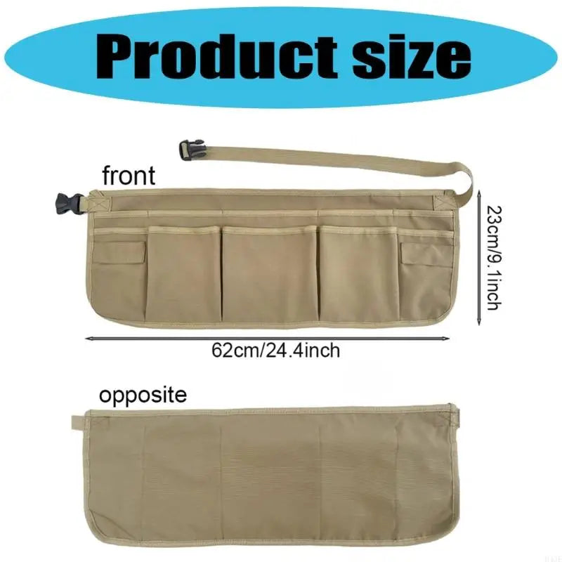 A tan heavy-duty tool apron with a front view and an opposite view showing its size.