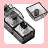 A black LED clickable fidget keychain with a keyboard design shown in various views.