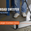 A 36 inch magnetic road sweeper with a long handle and wheels is shown on a concrete floor.