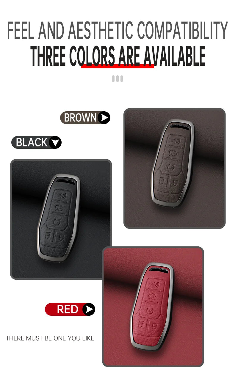 Three color options of a premium zinc alloy leather car key case cover are displayed: brown, black, and red.