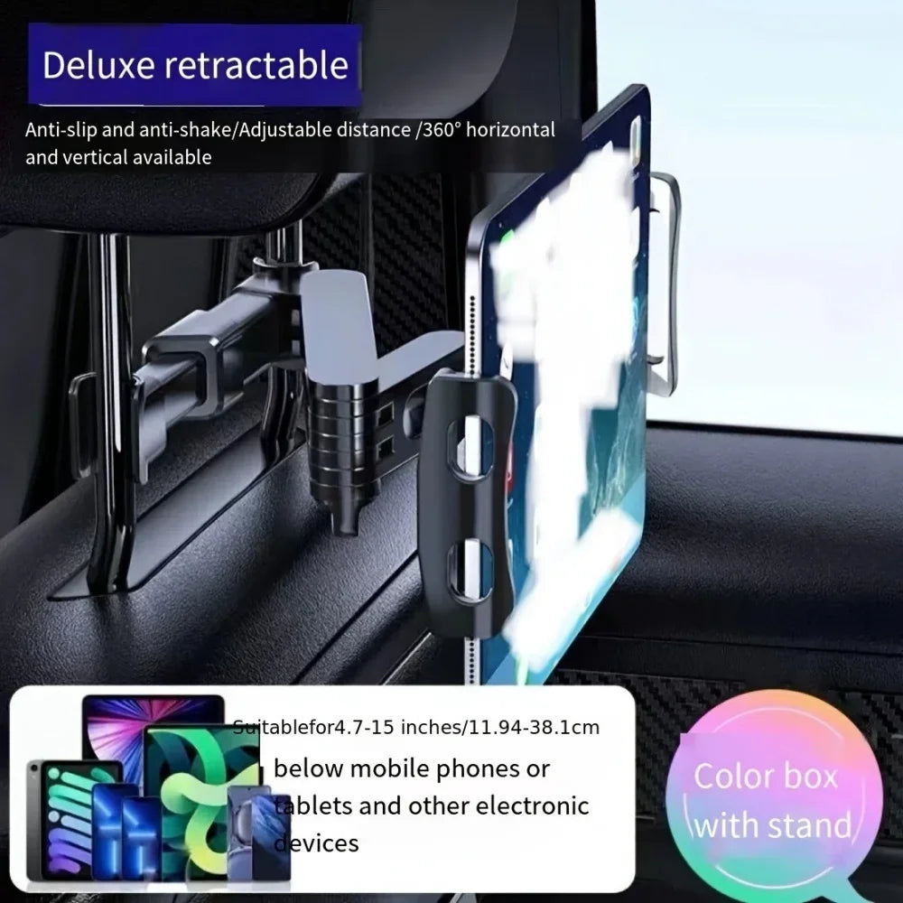 Support rétractable réglable de luxe pour smartphones et tablettes, montré dans un dossier de siège de voiture.