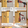 A four-step guide showing how to use a door lock latch tool to install a mortise blade in a door.