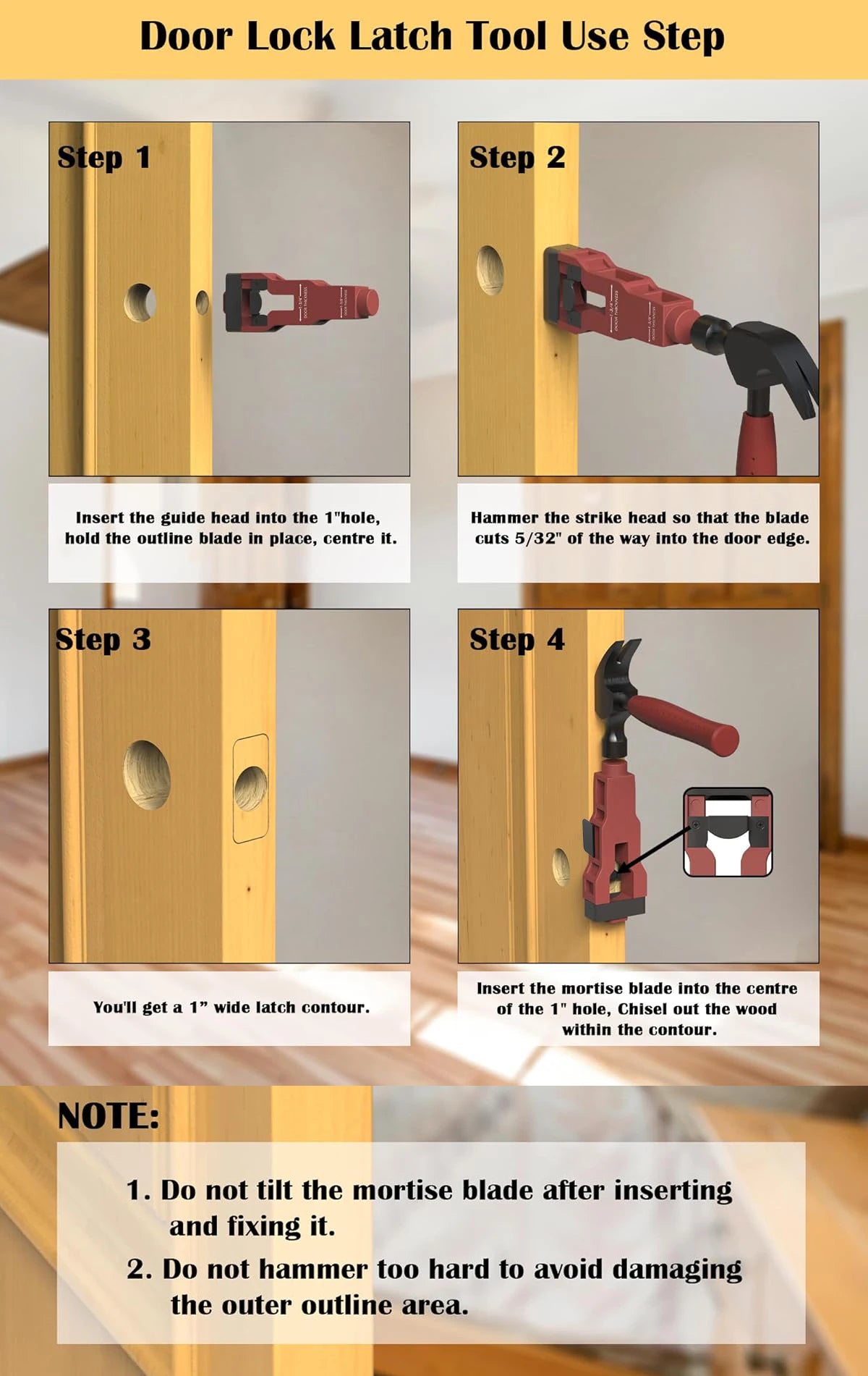 A four-step guide showing how to use a door lock latch tool to install a mortise blade in a door.