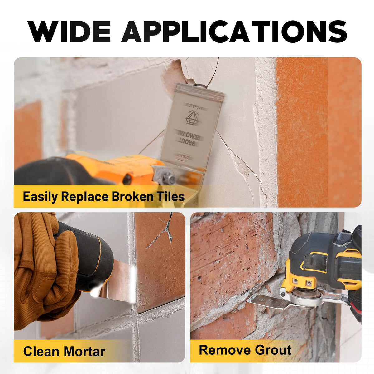 A set of diamond oscillating saw blades used for grout removal and mortar cleaning on tiles and bricks.