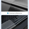 Close-up of a black car plastic and leather restorer product showing its application and benefits.